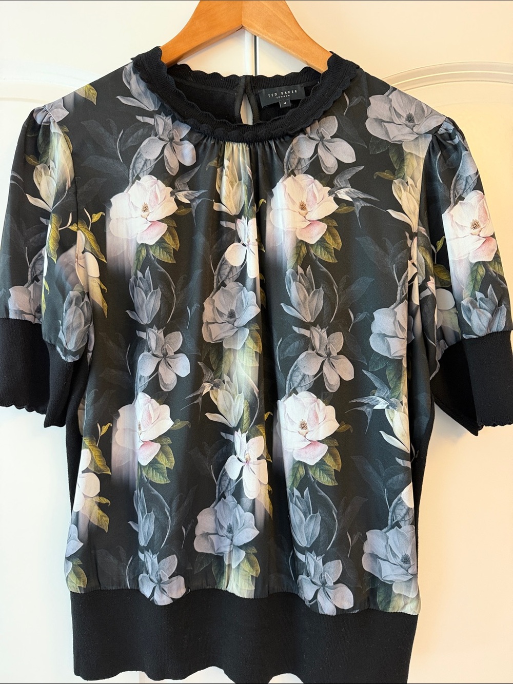 Ted Baker Black Floral Puff-Sleeve Blouse